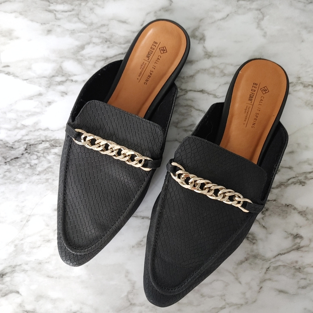 Call It Spring Black Mules with Silver Chain Accent | Size 7.5